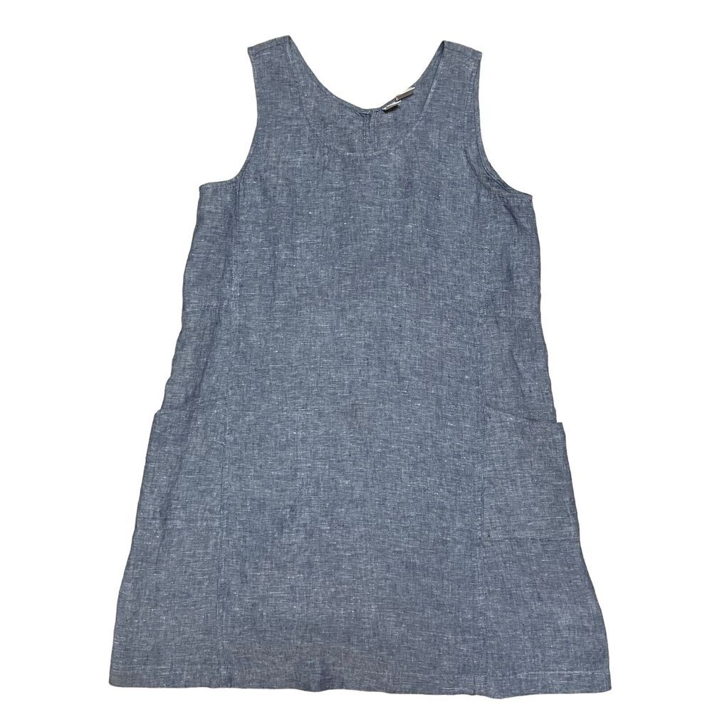 Artisan NY Linen Lagenlook Sleeveless Shift Dress Chambray Pearl Button Size Med